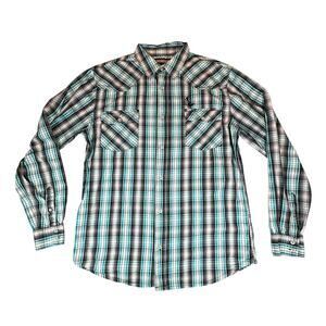 Cody James Shirt Mens Large Black Teal Grey Plaid Saddle Ranch Western Button Up